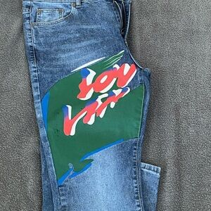 Louis Vuitton Blue Jeans with Green and Red Graphic